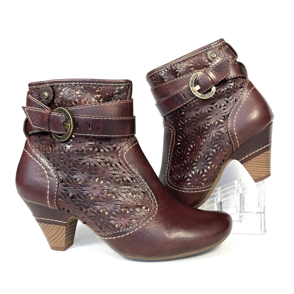 Pikolinos Brown Leather Floral Laser Cut Boho Ankle Booties Womens 38 7.5